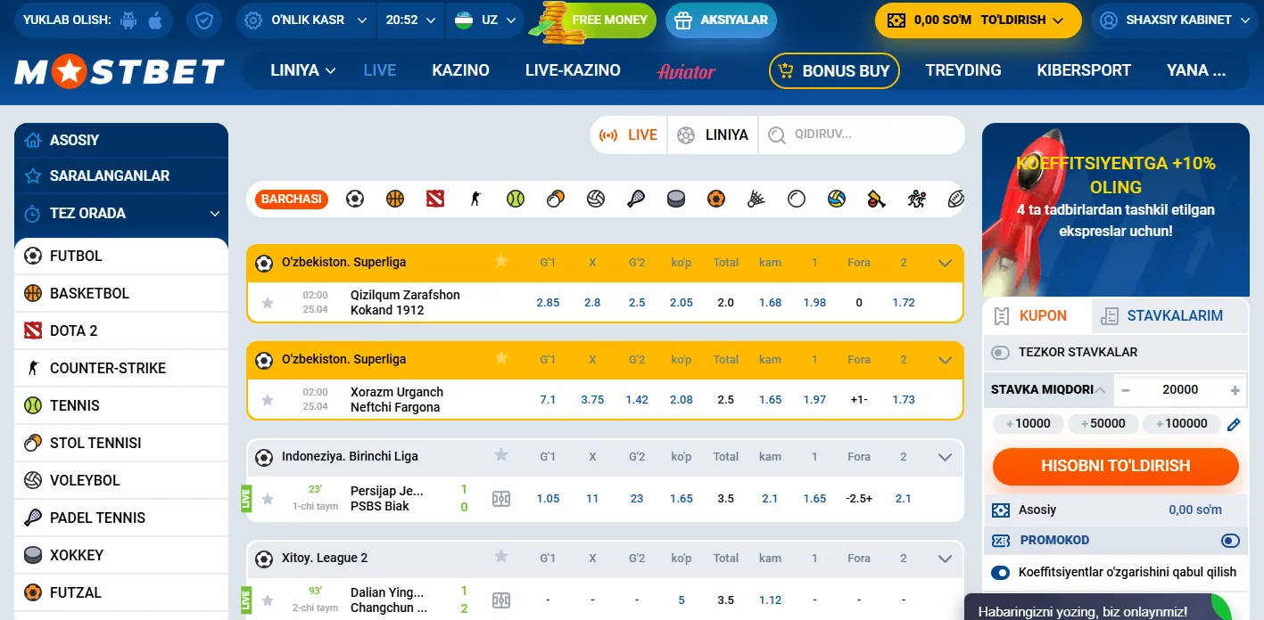 Mostbet sport stavkalar va koeffitsientlar